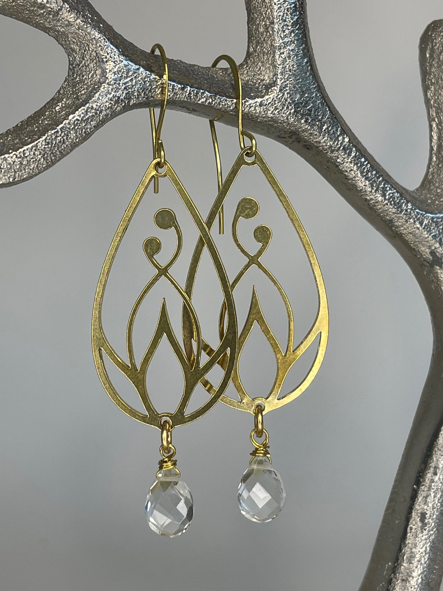 Brass Lotus Earrings with Clear Quartz