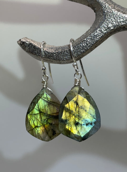 Silver Teardrop Earrings with Labradorite